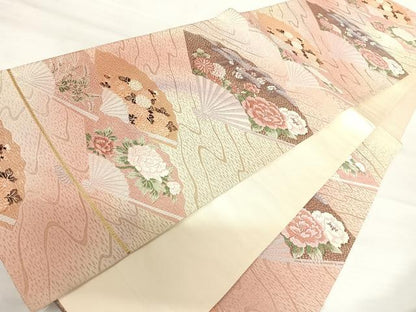 平和屋着物◎六通柄袋帯　唐織　扇面花文　金糸　正絹　逸品　AABA8980yx