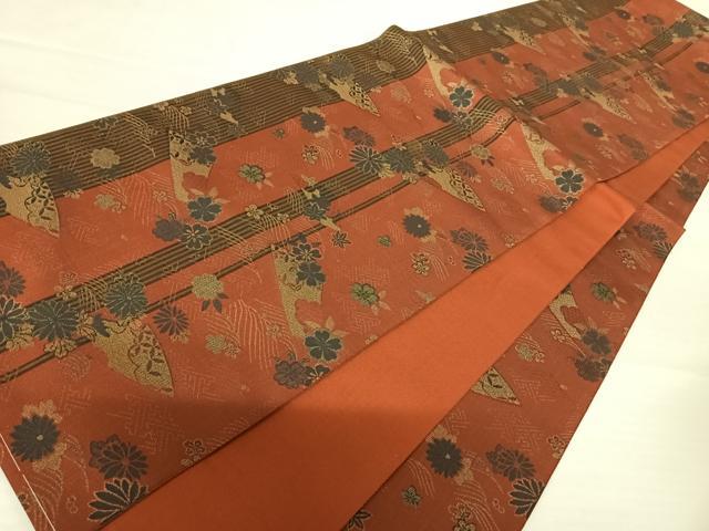 平和屋着物◎全通柄袋帯 舞花文 金糸 正絹 逸品 AABA8982yx