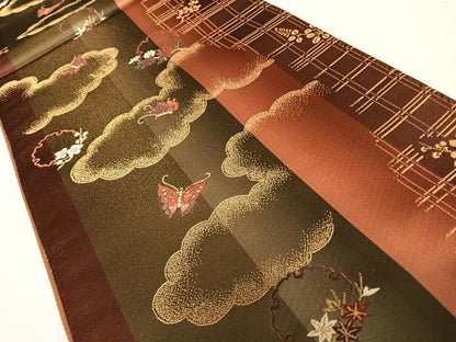 平和屋着物◎六通柄袋帯　唐織　花蝶文　金糸　正絹　逸品　AABA8986yx
