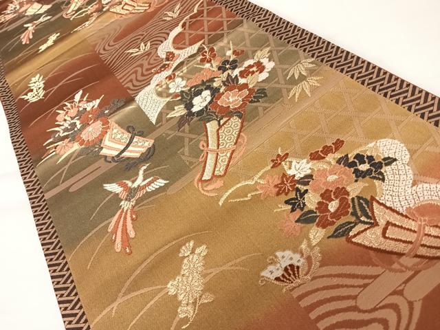平和屋着物◎六通柄袋帯　唐織　鳳凰花文　金糸　正絹　逸品　AABA8994yx