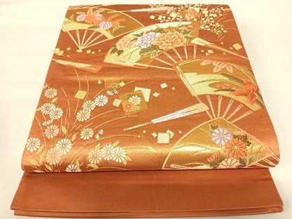 平和屋着物◎西陣　弥栄織物謹製　六通柄袋帯　唐織　扇面花文　金糸　正絹　逸品　AABA8996yx
