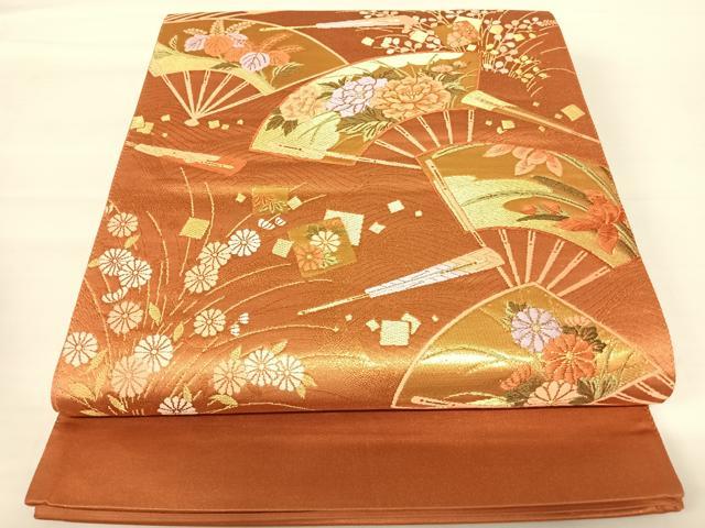 平和屋着物◎西陣　弥栄織物謹製　六通柄袋帯　唐織　扇面花文　金糸　正絹　逸品　AABA8996yx