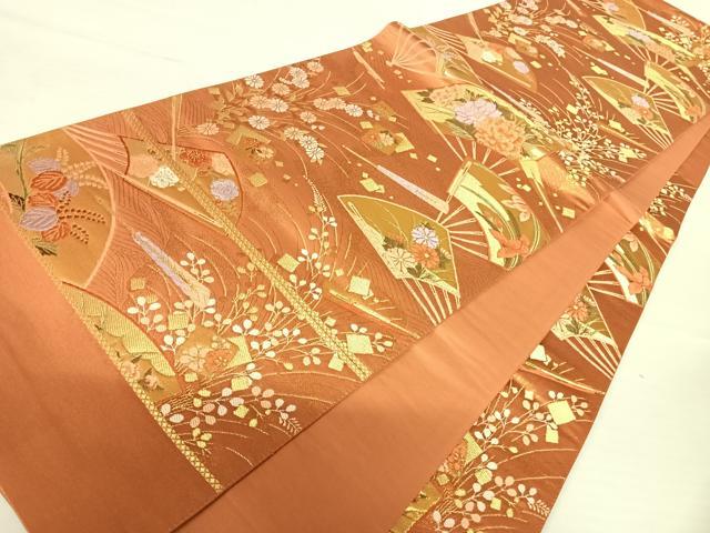 平和屋着物◎西陣　弥栄織物謹製　六通柄袋帯　唐織　扇面花文　金糸　正絹　逸品　AABA8996yx