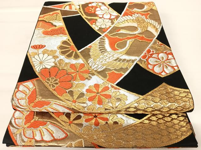 平和屋着物◎六通柄袋帯　唐織　飛鶴花文　黒地　金銀糸　正絹　逸品　AABA9001yx