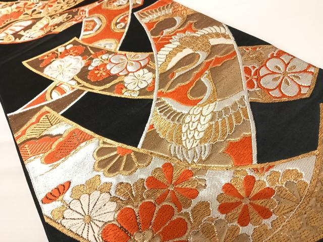平和屋着物◎六通柄袋帯　唐織　飛鶴花文　黒地　金銀糸　正絹　逸品　AABA9001yx