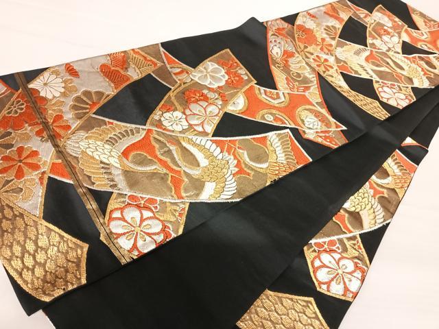 平和屋着物◎六通柄袋帯　唐織　飛鶴花文　黒地　金銀糸　正絹　逸品　AABA9001yx