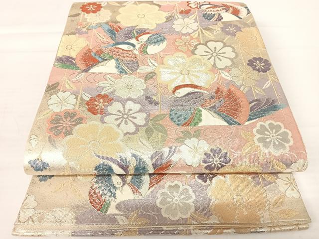 平和屋着物◎六通柄袋帯 鴛鴦花文 金銀糸 正絹 逸品 AABA9043yx