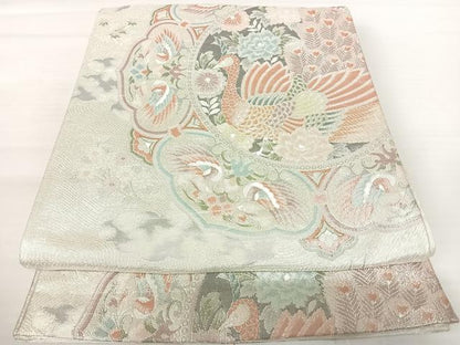 平和屋着物◎佐賀錦 六通柄袋帯 九百織袋帯 花鳥文 銀糸 正絹 逸品 AABA9045yx
