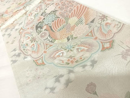 平和屋着物◎佐賀錦 六通柄袋帯 九百織袋帯 花鳥文 銀糸 正絹 逸品 AABA9045yx