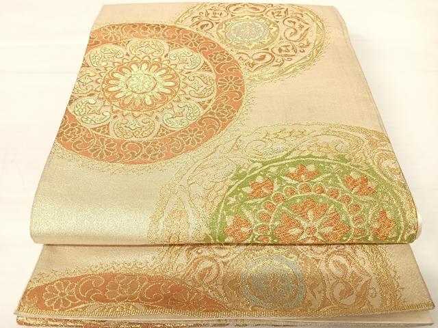 平和屋着物◎六通柄袋帯 絵皿花文 金糸 正絹 逸品 AABA9047yx
