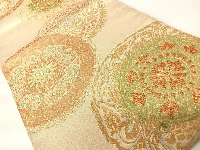 平和屋着物◎六通柄袋帯 絵皿花文 金糸 正絹 逸品 AABA9047yx