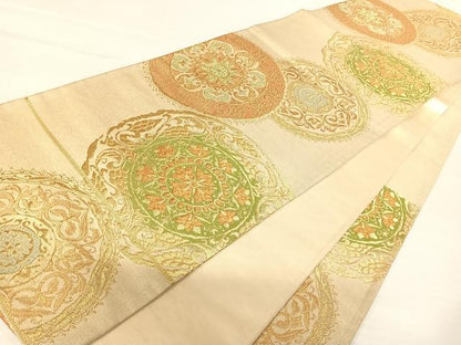 平和屋着物◎六通柄袋帯 絵皿花文 金糸 正絹 逸品 AABA9047yx
