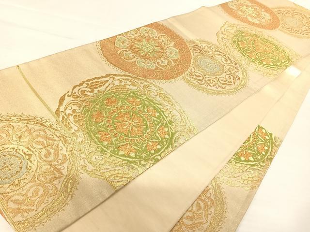 平和屋着物◎六通柄袋帯 絵皿花文 金糸 正絹 逸品 AABA9047yx