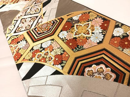 平和屋着物◎六通柄袋帯 唐織 吉祥花文 黒地 金銀糸 正絹 逸品 AABA9048yx