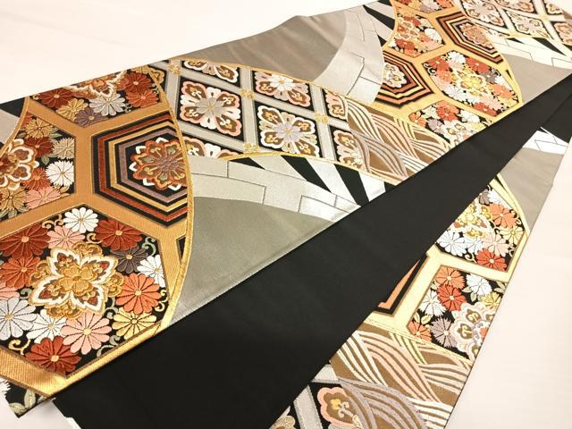 平和屋着物◎六通柄袋帯 唐織 吉祥花文 黒地 金銀糸 正絹 逸品 AABA9048yx