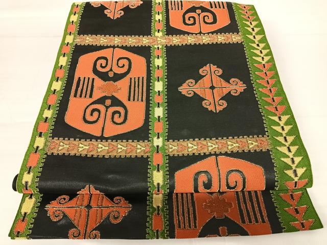 平和屋着物◎六通柄袋帯 格子花文 黒地 金糸 正絹 逸品 AABA9055yx