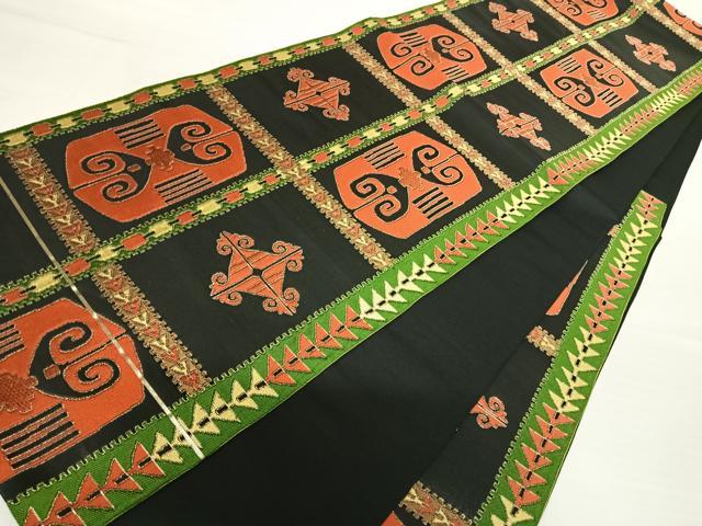 平和屋着物◎六通柄袋帯 格子花文 黒地 金糸 正絹 逸品 AABA9055yx