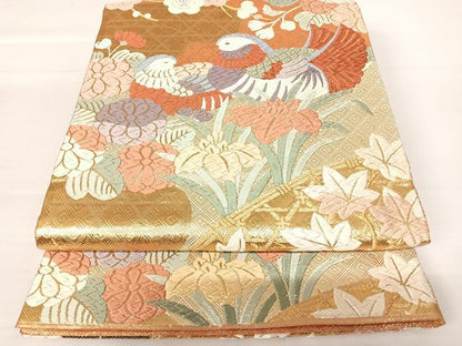 平和屋着物◎佐賀錦　六通柄袋帯　唐織　鴛鴦花文　金糸　正絹　逸品　AABA9059yx