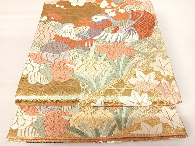 平和屋着物◎佐賀錦　六通柄袋帯　唐織　鴛鴦花文　金糸　正絹　逸品　AABA9059yx