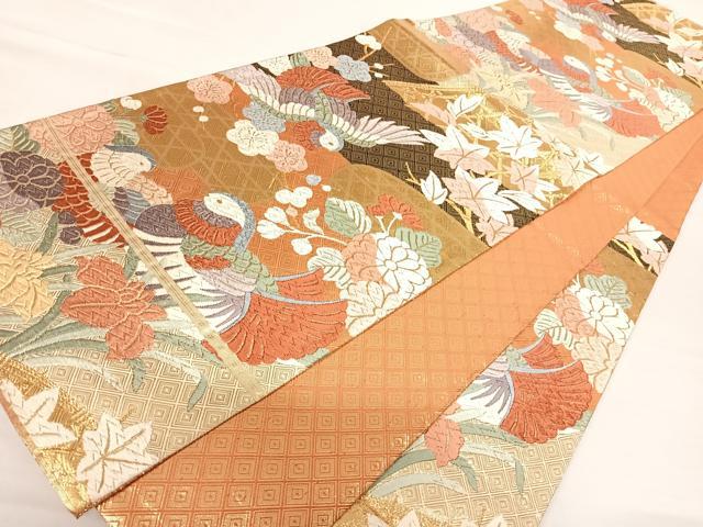 平和屋着物◎佐賀錦　六通柄袋帯　唐織　鴛鴦花文　金糸　正絹　逸品　AABA9059yx