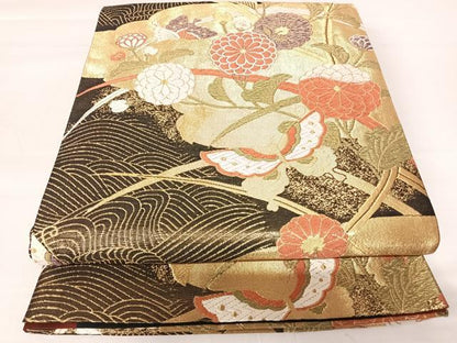 平和屋着物◎六通柄袋帯 唐織 花蝶文 金糸 正絹 逸品 AABA9064yx