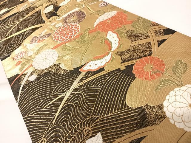 平和屋着物◎六通柄袋帯 唐織 花蝶文 金糸 正絹 逸品 AABA9064yx