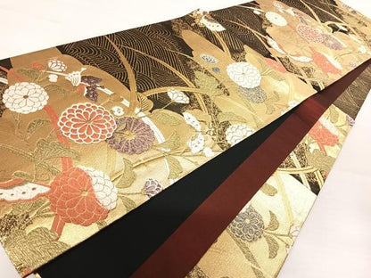 平和屋着物◎六通柄袋帯 唐織 花蝶文 金糸 正絹 逸品 AABA9064yx