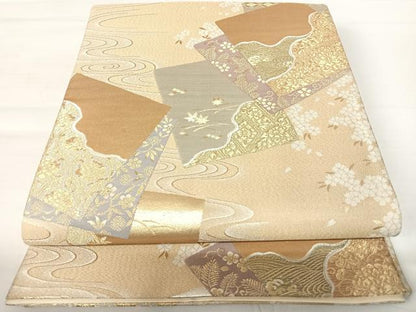 平和屋着物◎六通柄袋帯 短冊花文 金銀糸 正絹 逸品 AABA9068yx