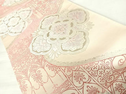 平和屋着物◎六通柄袋帯　唐織　舞花文　銀糸　正絹　逸品　AABA9077yx