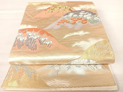 平和屋着物◎六通柄袋帯 唐織 風景花文 金銀糸 正絹 逸品 AABA9095yx
