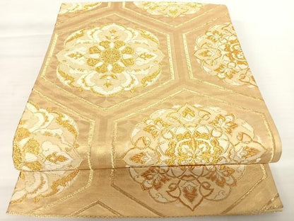 平和屋着物◎六通柄袋帯 唐織 亀甲花文 金糸 正絹 逸品 AABA9099yx