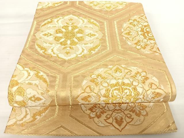平和屋着物◎六通柄袋帯 唐織 亀甲花文 金糸 正絹 逸品 AABA9099yx