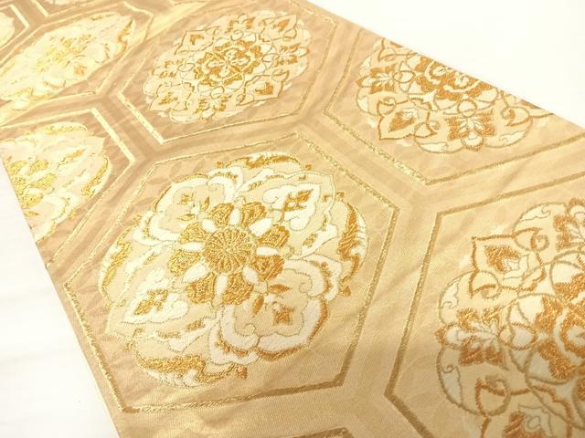 平和屋着物◎六通柄袋帯 唐織 亀甲花文 金糸 正絹 逸品 AABA9099yx