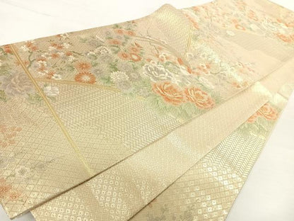 平和屋着物◎佐賀錦　六通柄袋帯　花鳥文　金糸　正絹　逸品　AABA9102yx