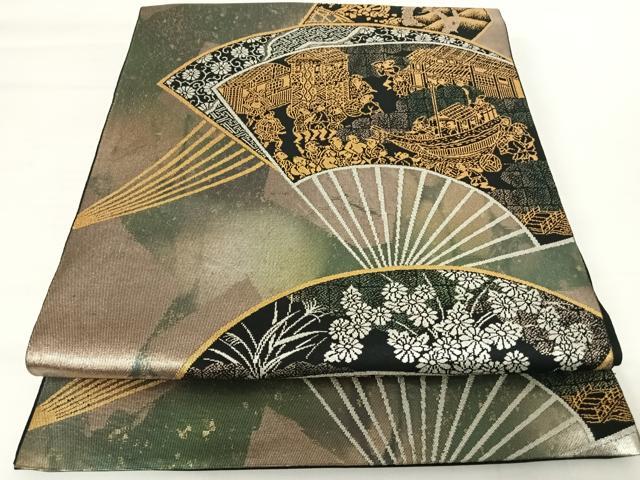 平和屋着物◎六通柄袋帯　扇面風景文　引箔　正絹　逸品　AABA9104yx