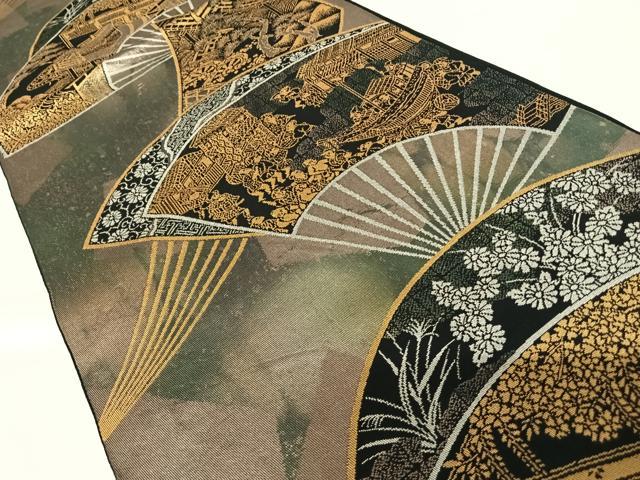 平和屋着物◎六通柄袋帯　扇面風景文　引箔　正絹　逸品　AABA9104yx