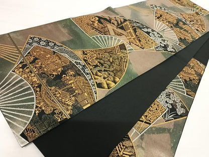 平和屋着物◎六通柄袋帯　扇面風景文　引箔　正絹　逸品　AABA9104yx
