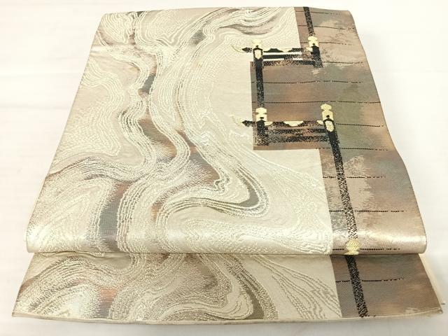平和屋着物◎六通柄袋帯　霞文　銀糸　正絹　逸品　AABA9108yx
