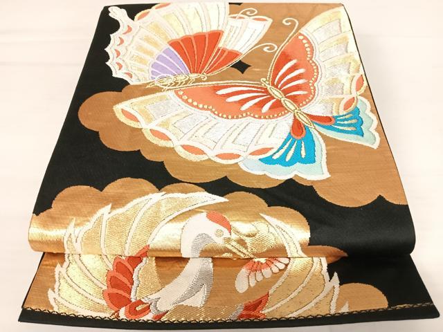 平和屋着物◎六通柄袋帯　唐織　花蝶文　黒地　金糸　正絹　逸品　AABA9116yx