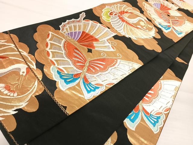 平和屋着物◎六通柄袋帯　唐織　花蝶文　黒地　金糸　正絹　逸品　AABA9116yx