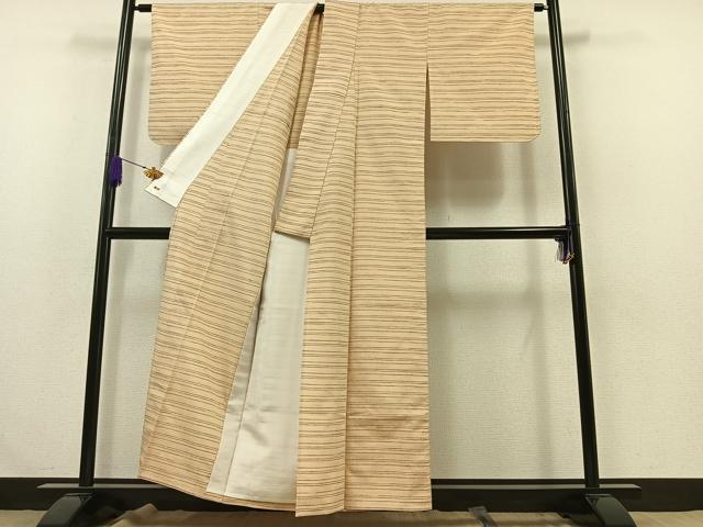 平和屋着物▽上質な紬 単衣 横段文 三越扱い 正絹 逸品 未使用 AABA9121jh
