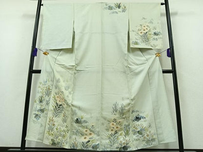 平和屋着物▽訪問着　単衣　紬地　手描き　草花文　正絹　逸品　AABA9129jh