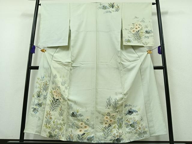 平和屋着物▽訪問着　単衣　紬地　手描き　草花文　正絹　逸品　AABA9129jh