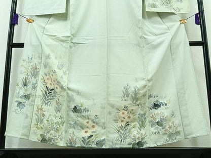 平和屋着物▽訪問着　単衣　紬地　手描き　草花文　正絹　逸品　AABA9129jh