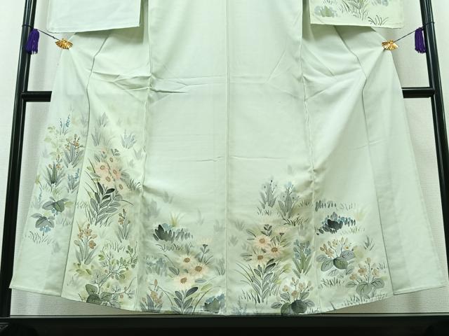 平和屋着物▽訪問着　単衣　紬地　手描き　草花文　正絹　逸品　AABA9129jh