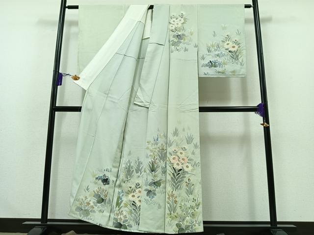 平和屋着物▽訪問着　単衣　紬地　手描き　草花文　正絹　逸品　AABA9129jh