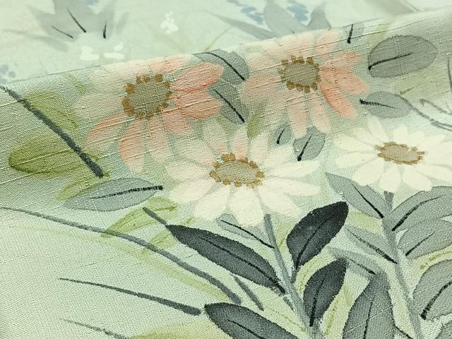 平和屋着物▽訪問着　単衣　紬地　手描き　草花文　正絹　逸品　AABA9129jh