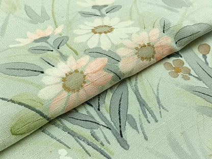 平和屋着物▽訪問着　単衣　紬地　手描き　草花文　正絹　逸品　AABA9129jh