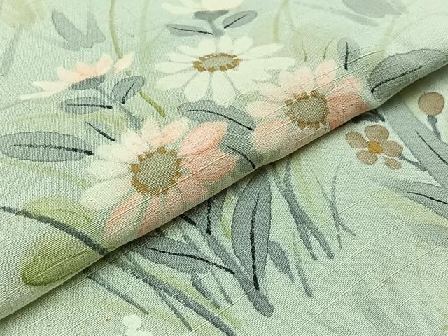 平和屋着物▽訪問着　単衣　紬地　手描き　草花文　正絹　逸品　AABA9129jh