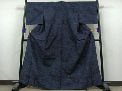 平和屋着物▽結城紬 単衣 80亀甲 草花文 正絹 逸品 AABA9130jh